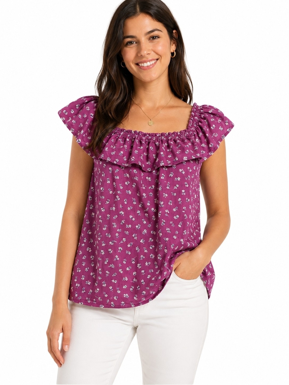 LOFT Linen Blend Purple Floral Ruffle-Neck Camisole Women's M